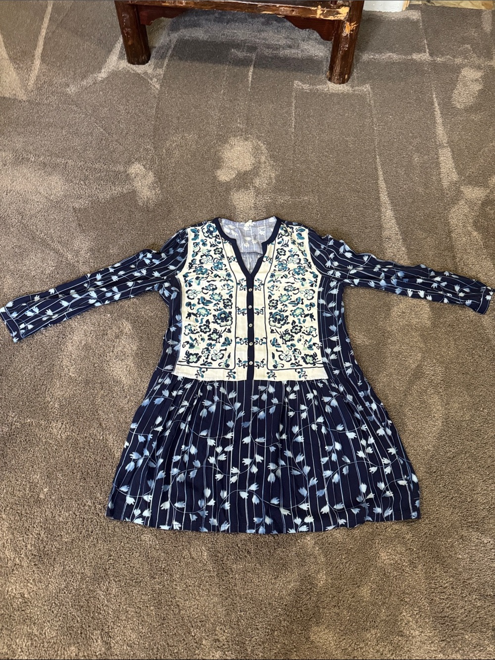 Navy Floral-Panel Button-Front Mini Dress